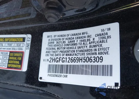 2009 Honda Civic Lx из США, поврежденный, VIN 2HGFG12669H506309